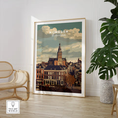 Nijmegen Netherlands city skyline art print in modern room with chair and potted plant