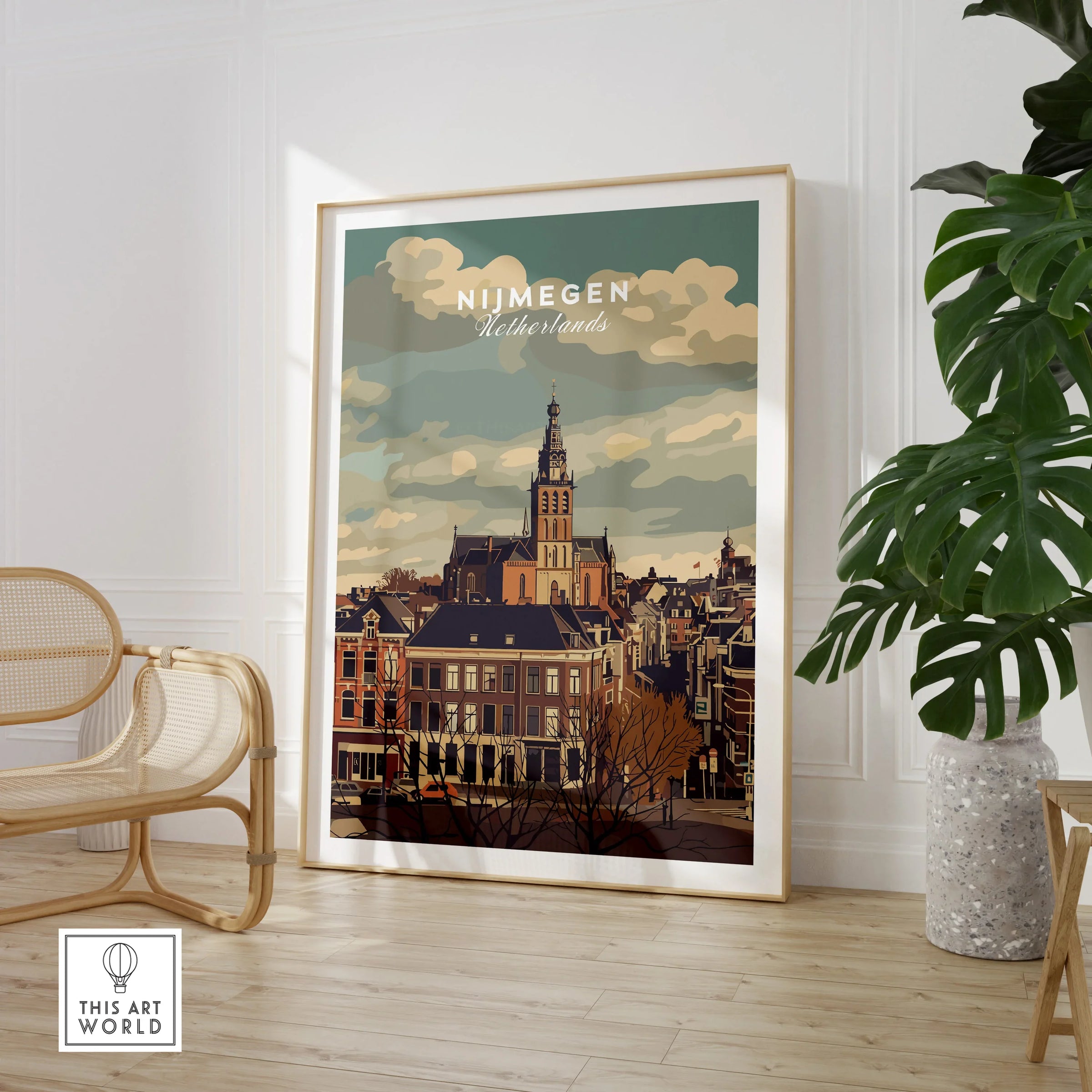 Nijmegen Netherlands city skyline art print in modern room with chair and potted plant