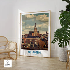 Framed Nijmegen travel poster in modern room with chair and plant, city skyline wall art
