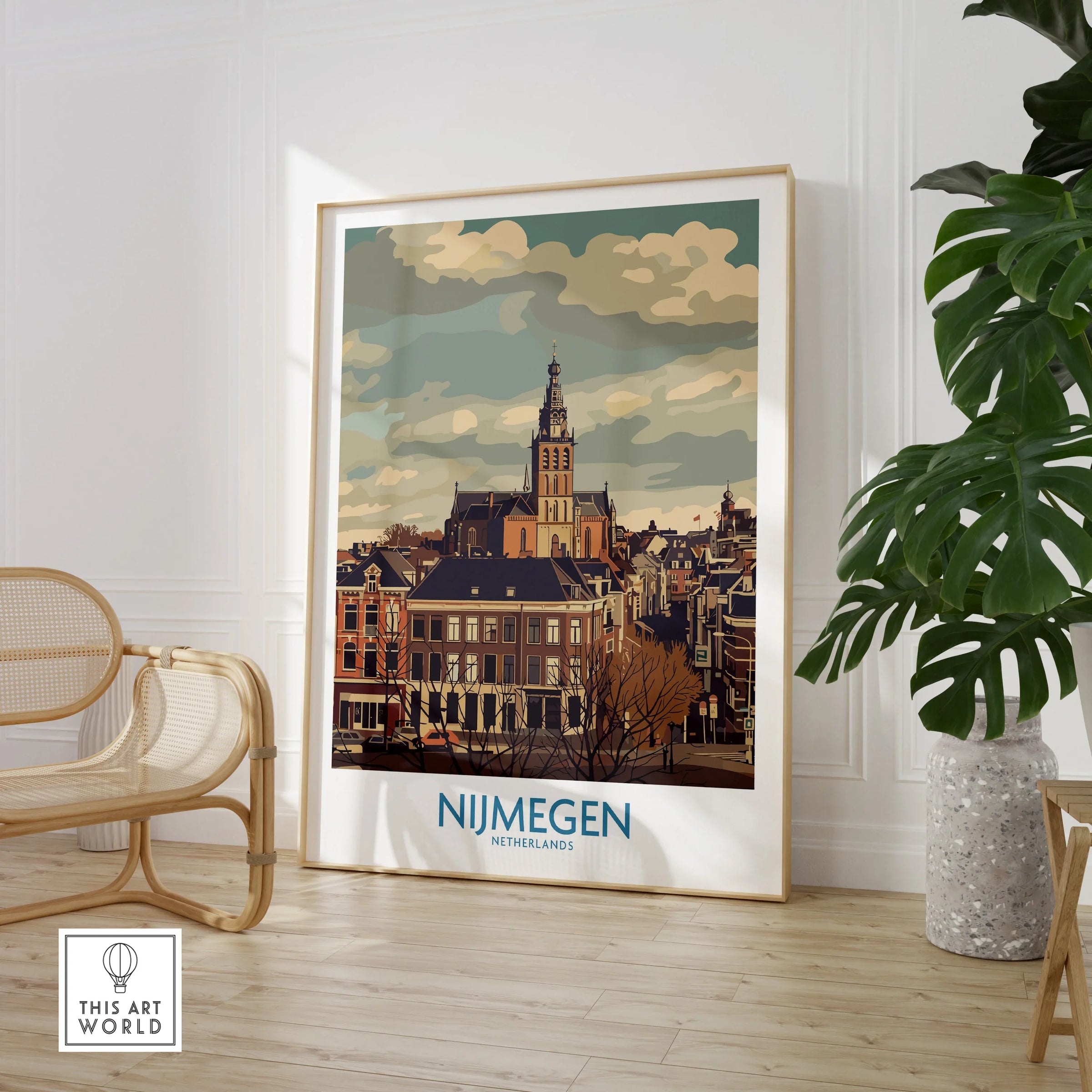 Framed Nijmegen travel poster in modern room with chair and plant, city skyline wall art