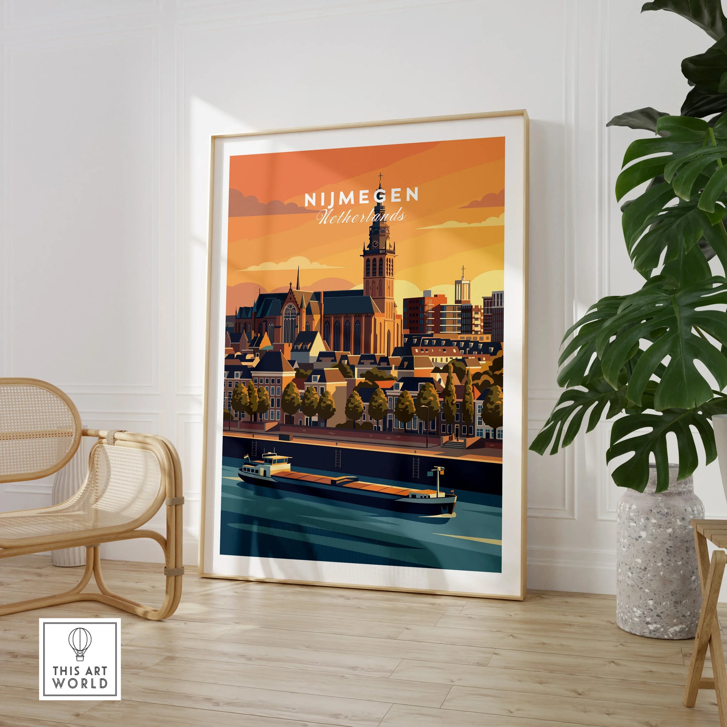 Nijmegen Netherlands travel poster framed, modern cityscape wall art in stylish room setting