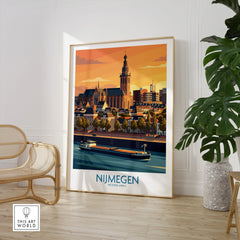 Nijmegen Netherlands travel poster framed print in modern room with chair and plant