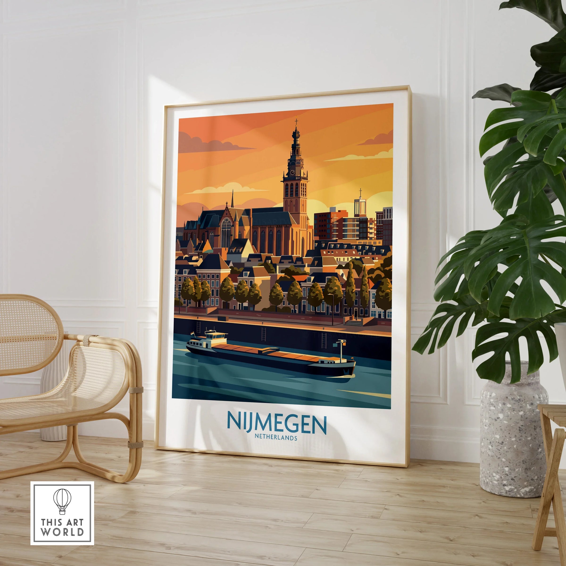 Nijmegen Netherlands travel poster framed print in modern room with chair and plant