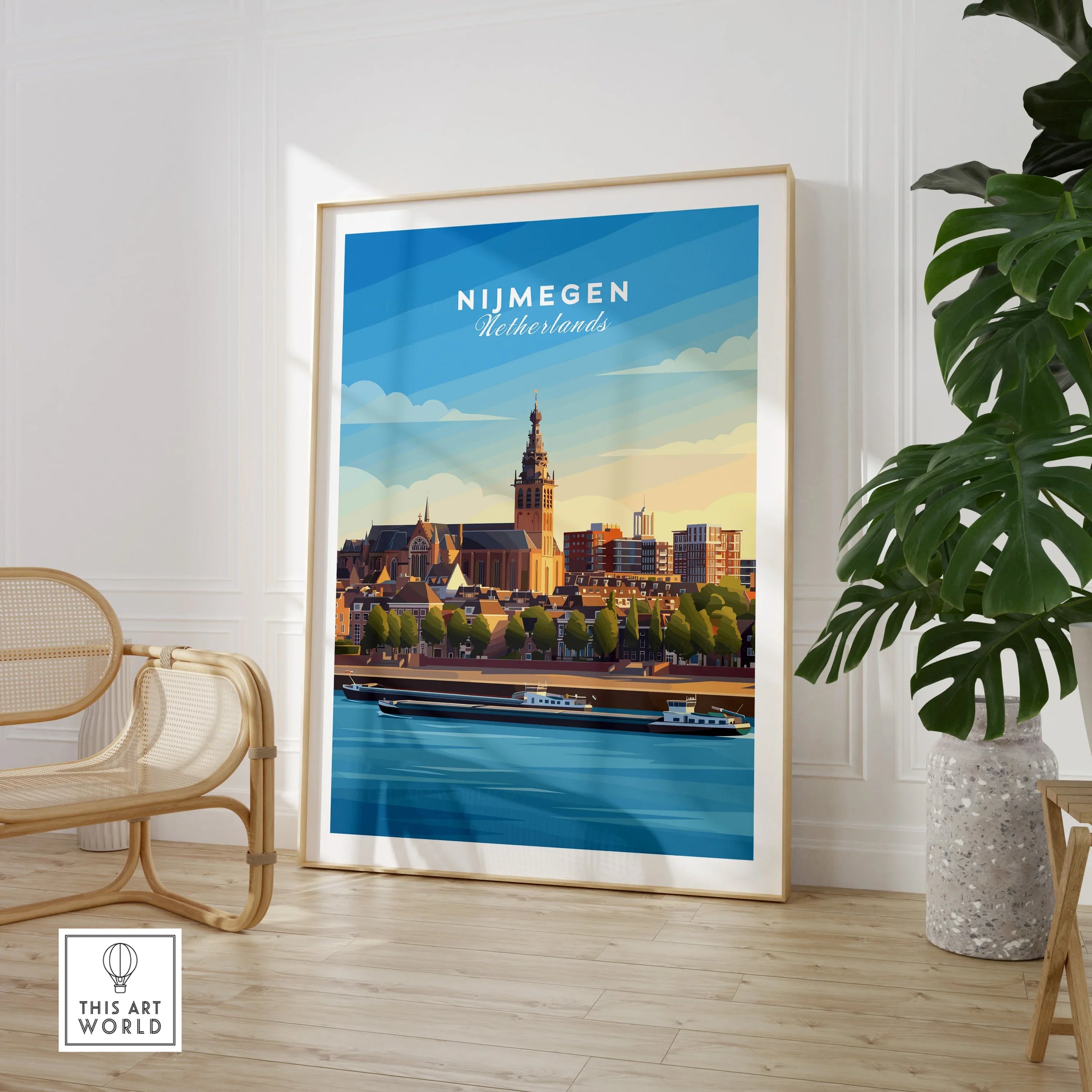 Nijmegen Netherlands travel poster framed, displayed in modern room with chair and plant