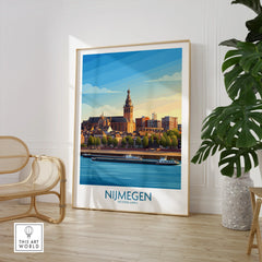 Nijmegen Netherlands skyline wall art print in stylish room with chair and plant