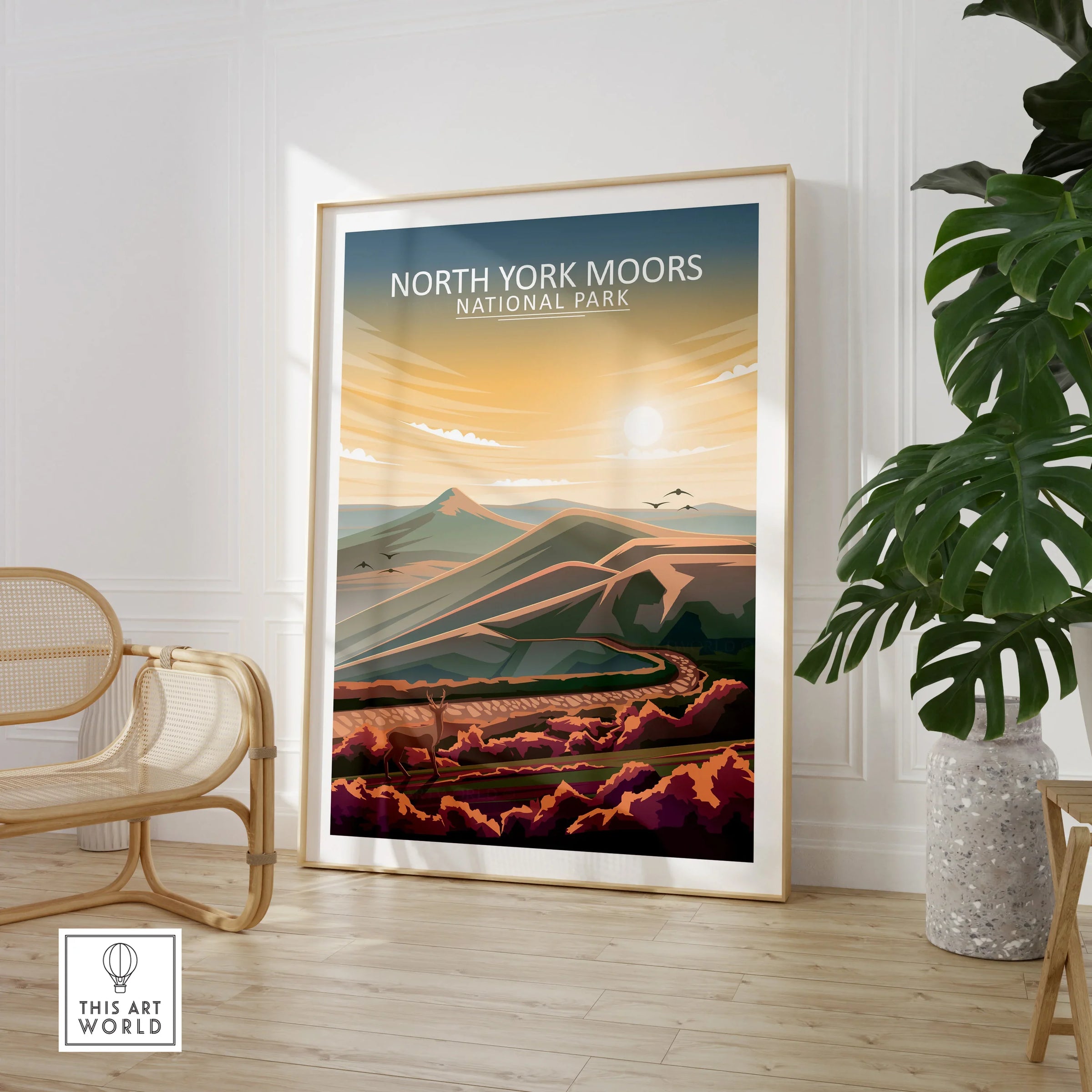 North York Moors National Park art print in modern room with chair and houseplant