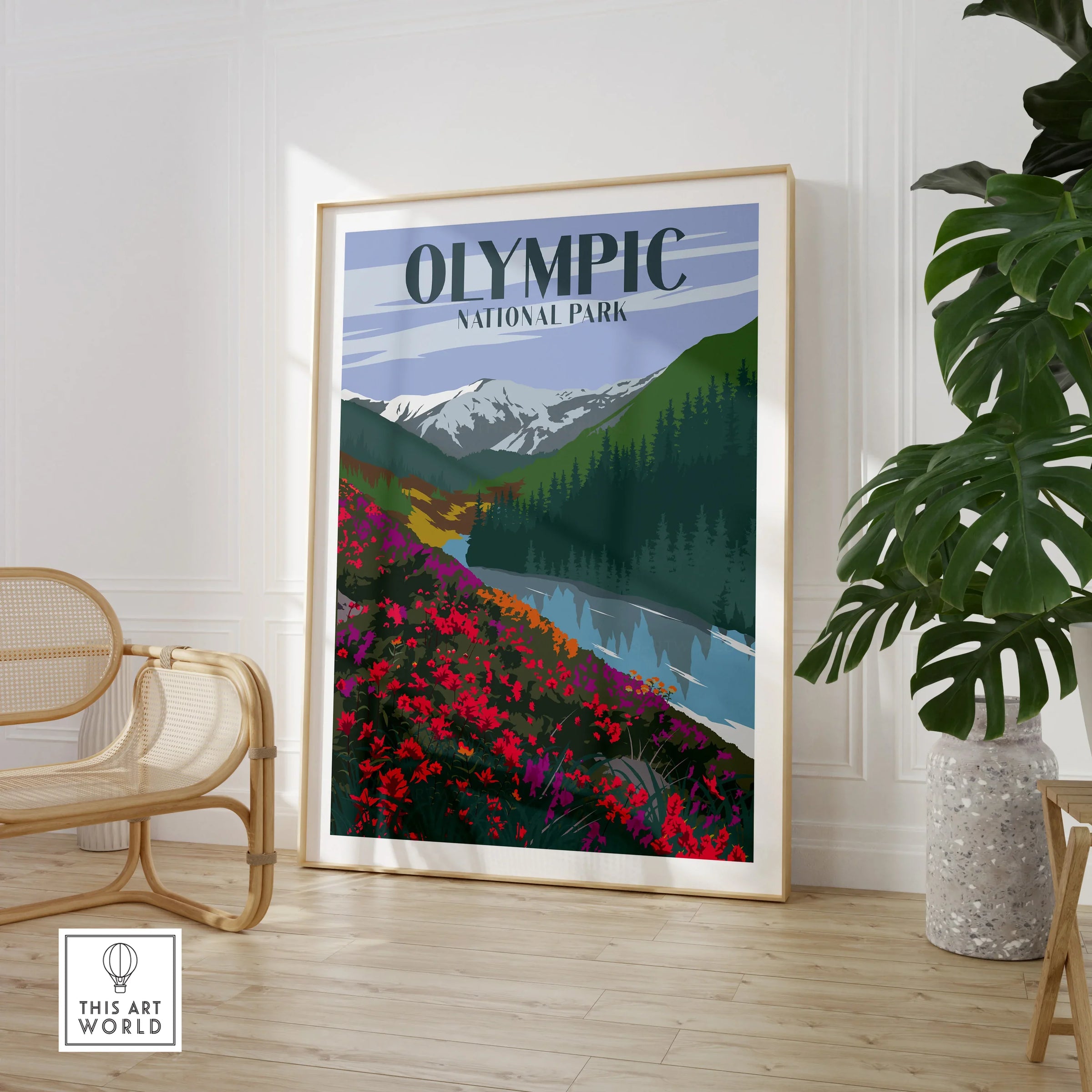 Olympic National Park art print with mountains, wildflowers, and river in modern living room