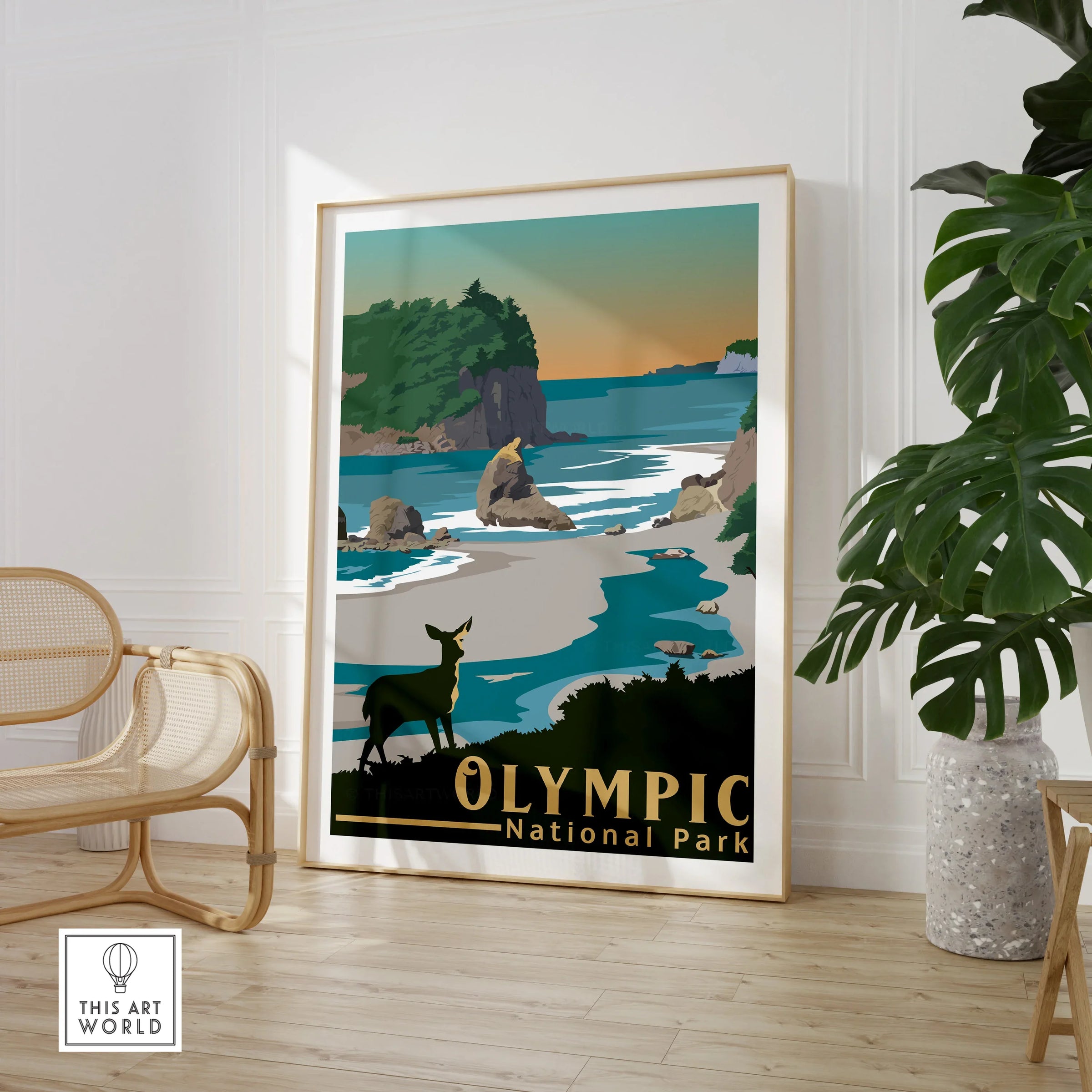 Framed Olympic National Park art print with coastal landscape in modern living room setting