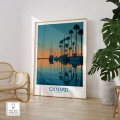 Oxnard California Poster | Scenic Pacific Marina Canvas Print displayed in a modern living room with elegant furniture.