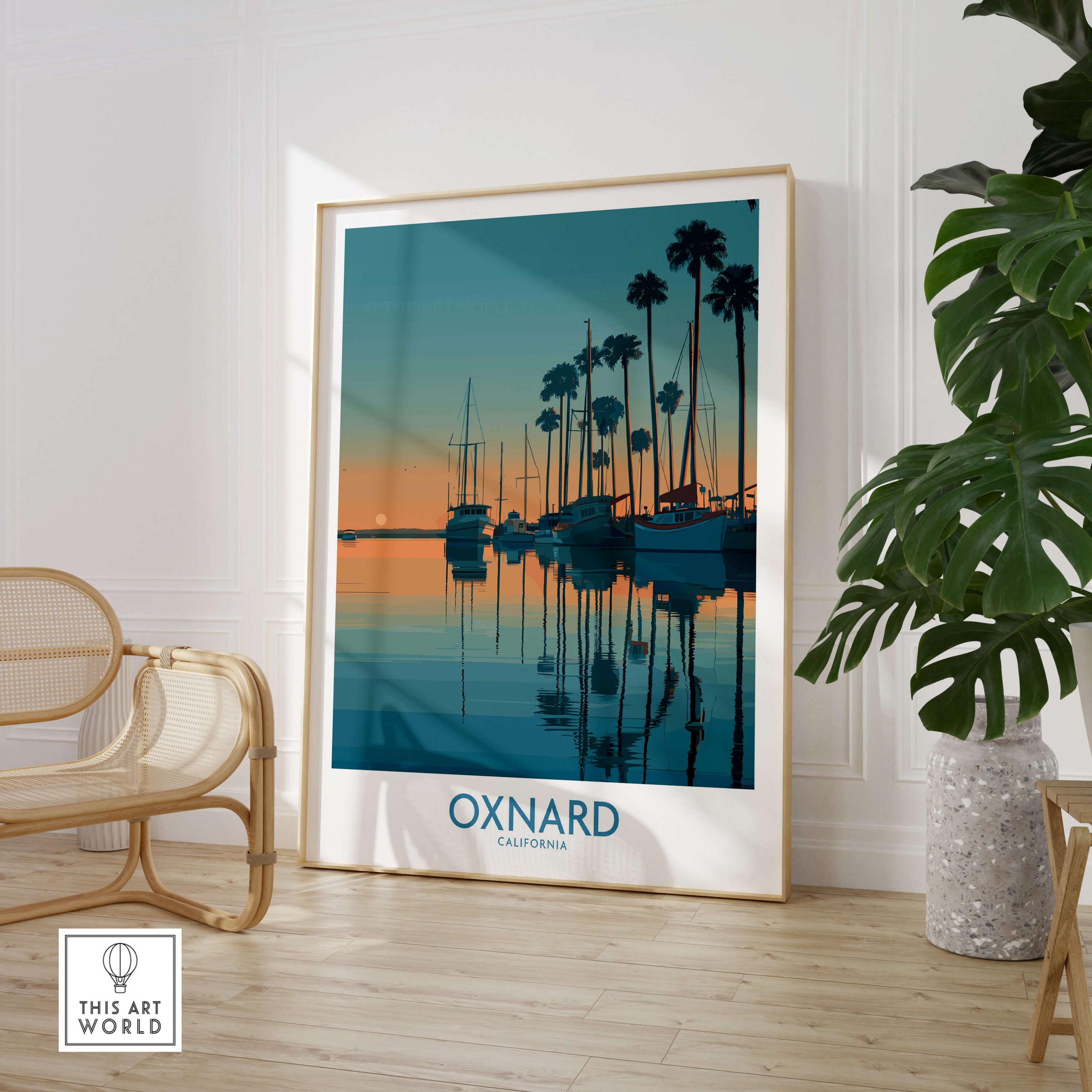 Oxnard California Poster | Scenic Pacific Marina Canvas Print displayed in a modern living room with elegant furniture.