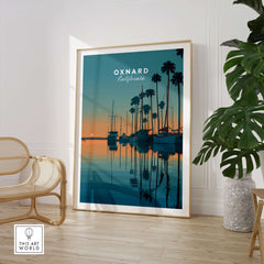 Oxnard California Wall Art Print | Sunset Harbor & Sailboats Travel Poster in a modern living room setting.