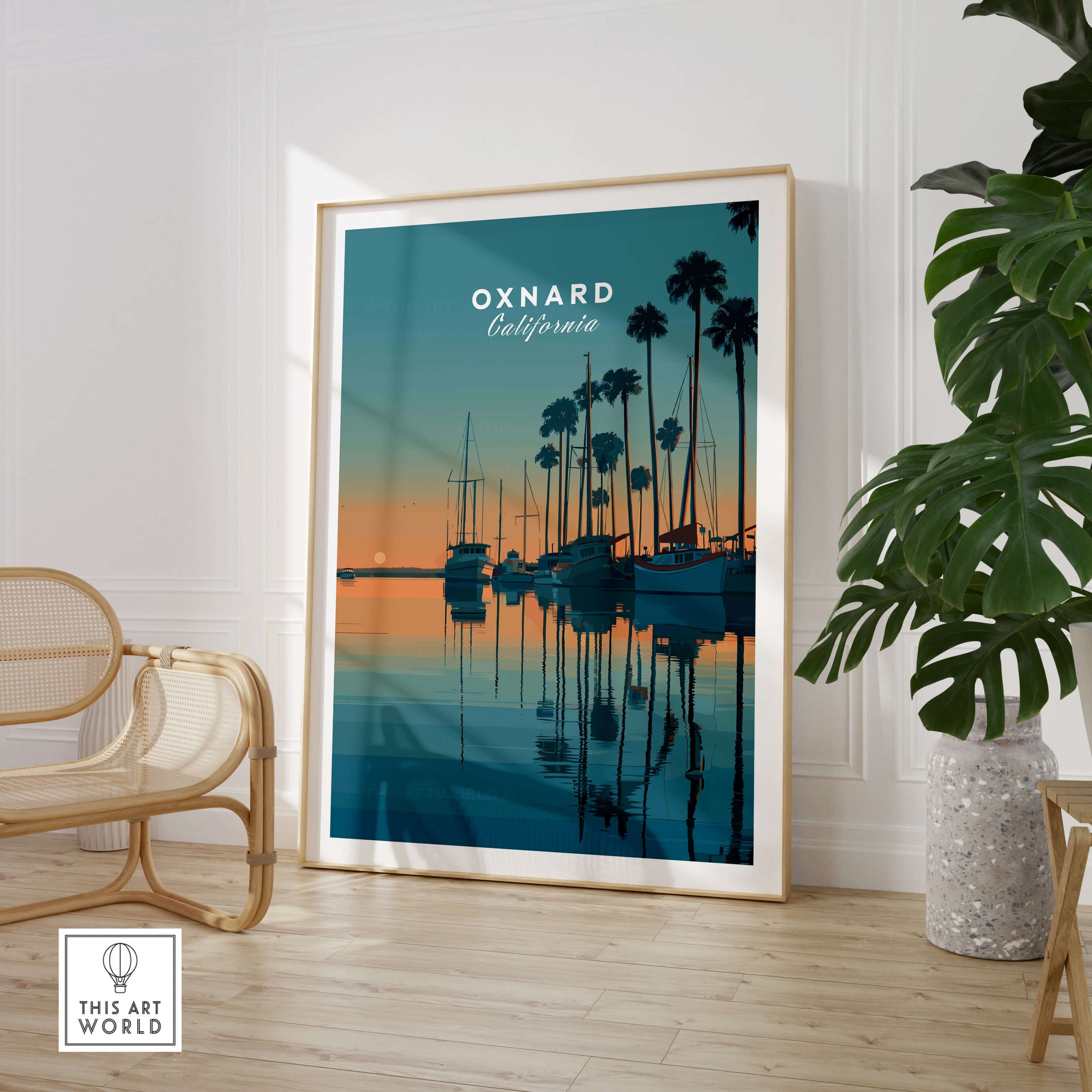 Oxnard California Wall Art Print | Sunset Harbor & Sailboats Travel Poster in a modern living room setting.