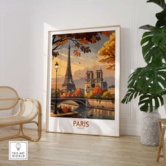 Paris France Autumn Seine River Art Print | Eiffel Tower and Notre Dame Poster displayed in a warm, cozy setting.