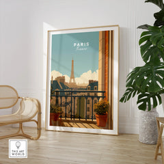 Framed Paris travel poster with Eiffel Tower in stylish modern living room decor setting