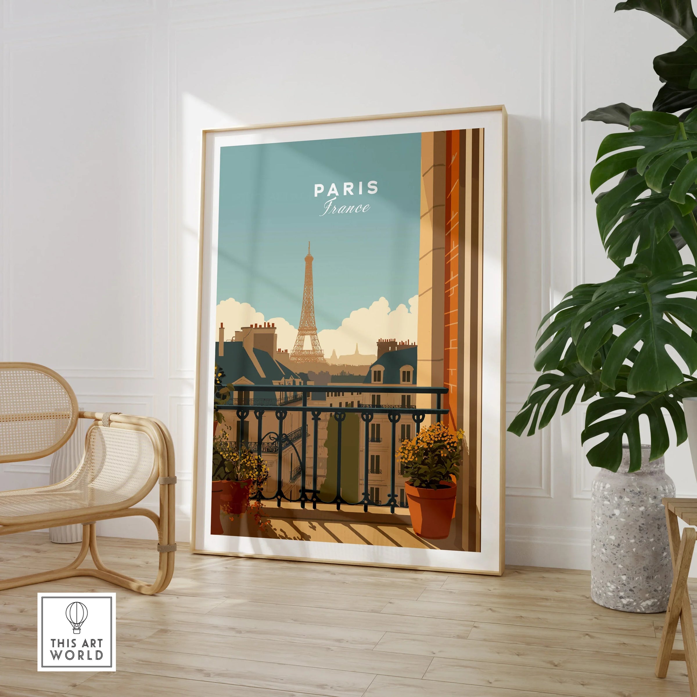Framed Paris travel poster with Eiffel Tower in stylish modern living room decor setting