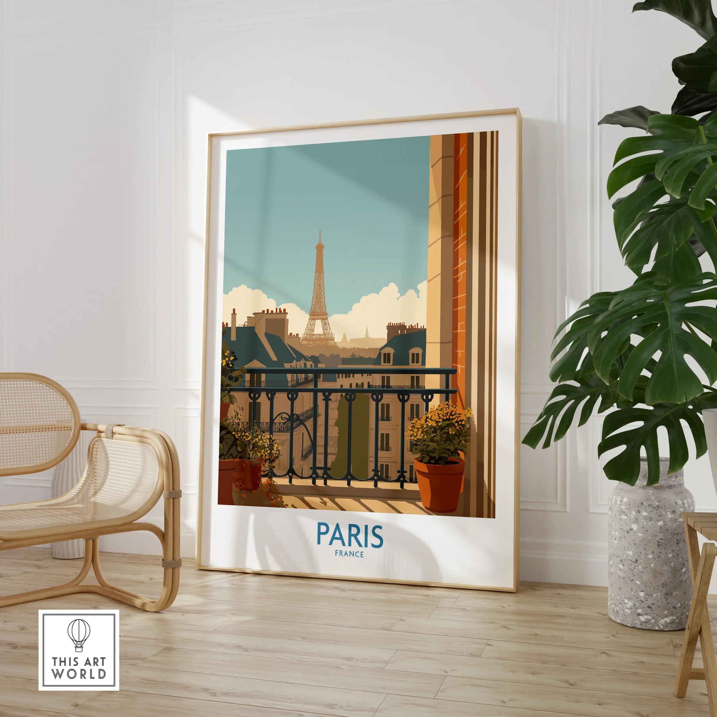 Framed Paris travel poster print with Eiffel Tower, displayed in modern room with chair and plant