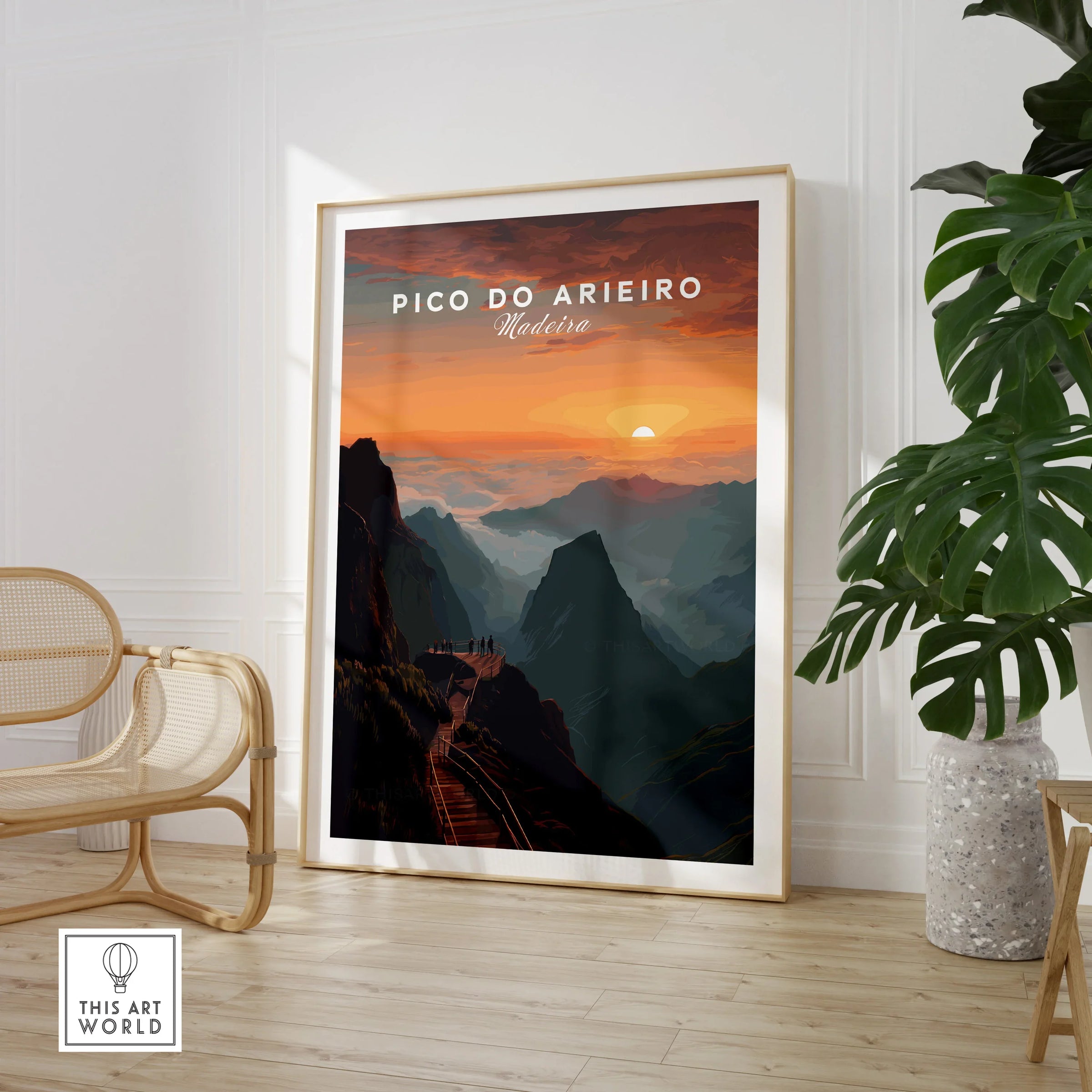 Framed Pico do Arieiro Madeira travel poster with mountain sunset in modern room decor