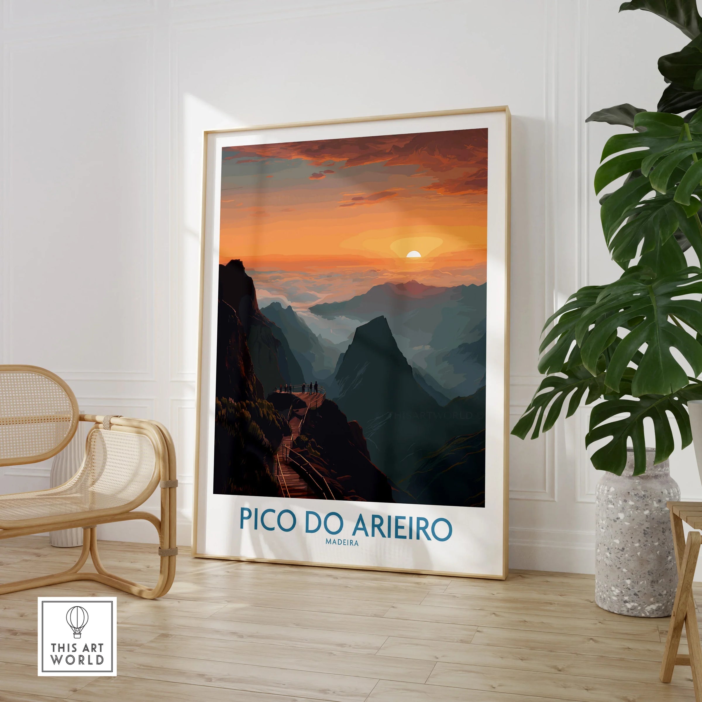 Framed Pico do Arieiro travel poster with mountain sunset in modern room decor