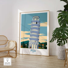 Pisa Wall Art Print | Italy Travel Poster featuring the leaning tower in a spacious room setting.