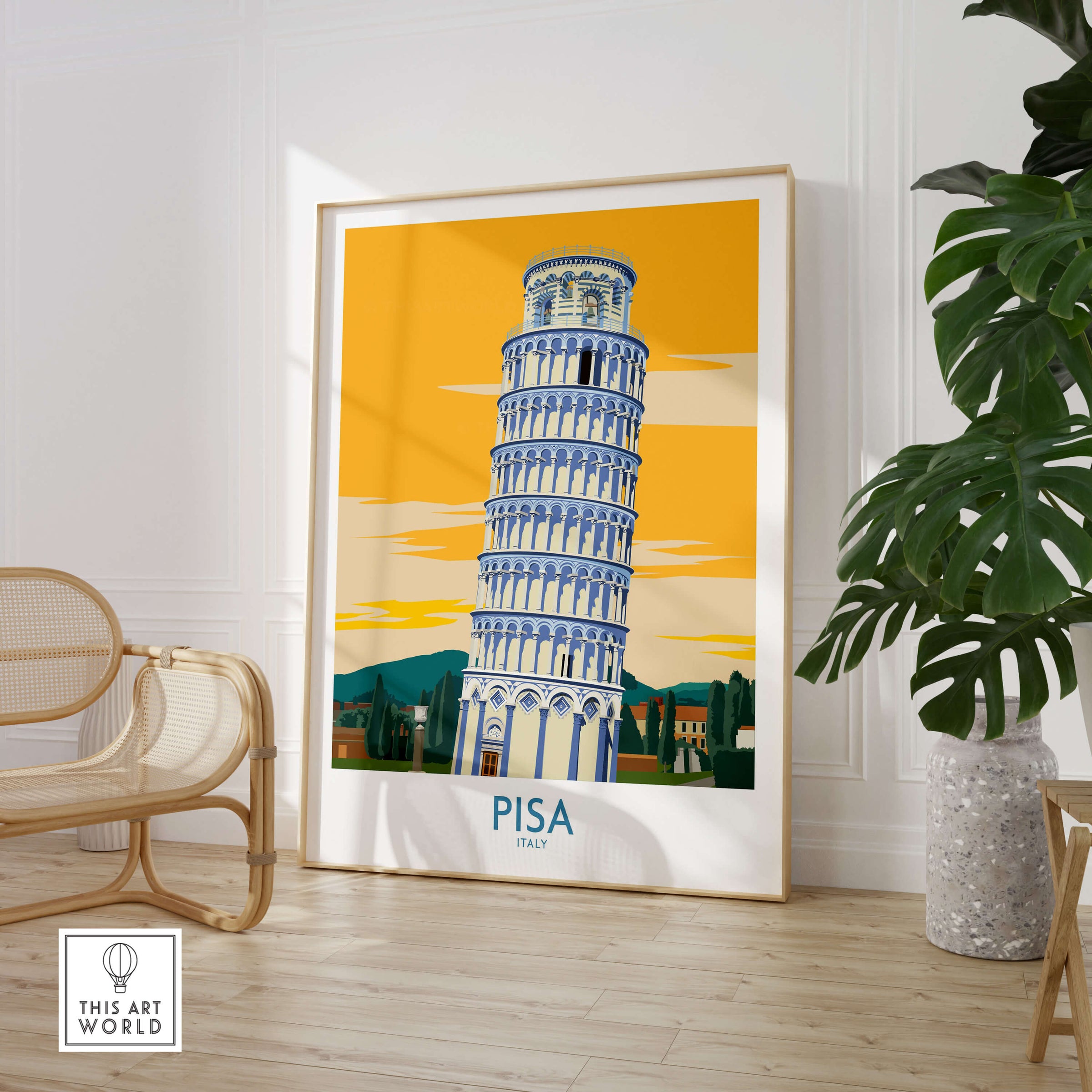 Pisa Tower Italy Print showcased in a stylish living room setting with modern decor.