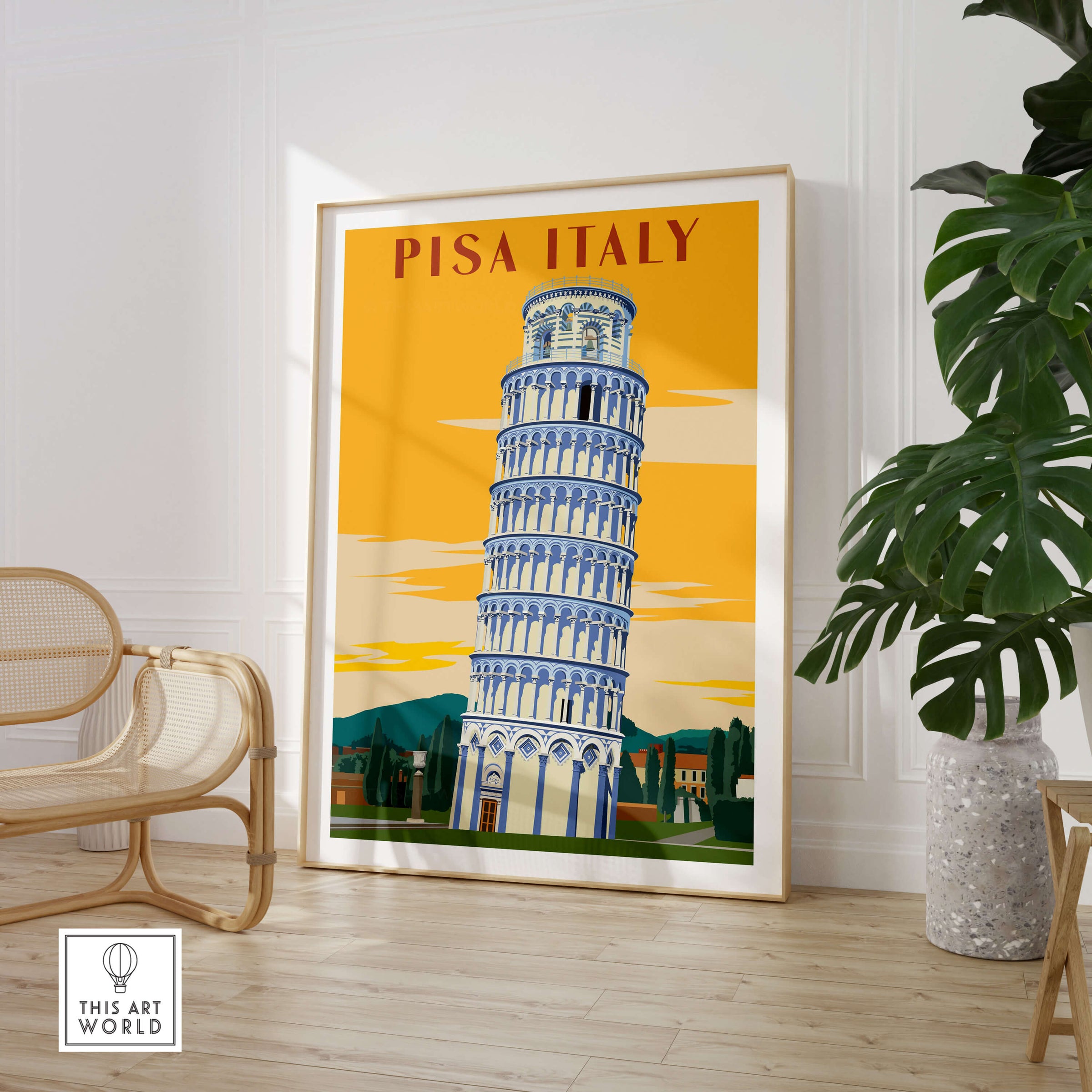 Pisa Tower Print Poster Italy Wall Art featuring a vintage-style design with a warm backdrop in a modern interior setting.