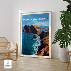 Framed Ponta de São Lourenço Madeira travel poster in modern room with chair and plant