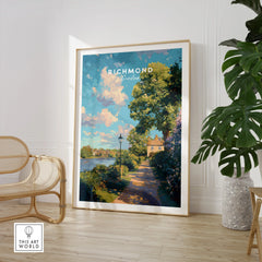 Richmond London travel poster framed print in modern room with chair and plant