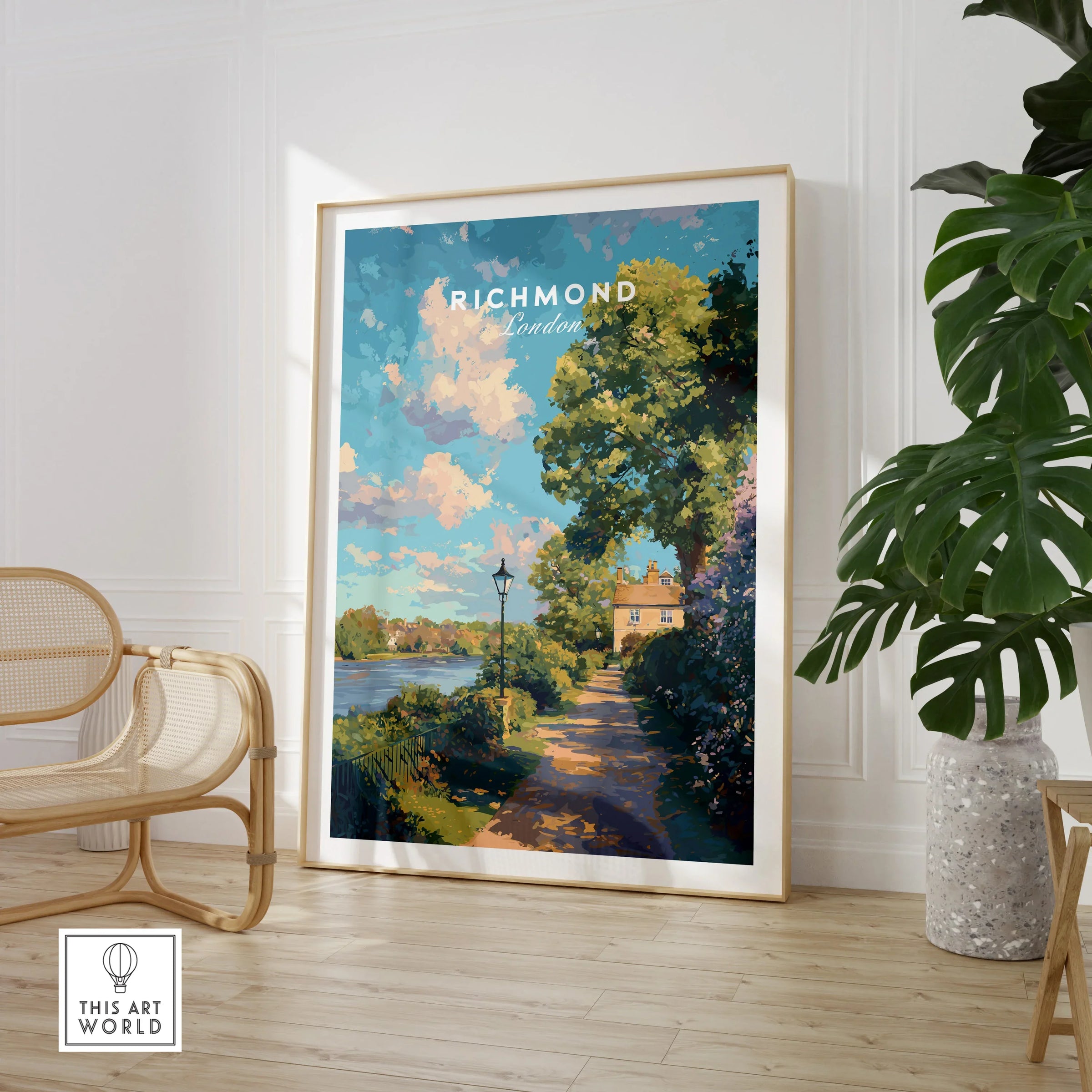Richmond London travel poster framed print in modern room with chair and plant