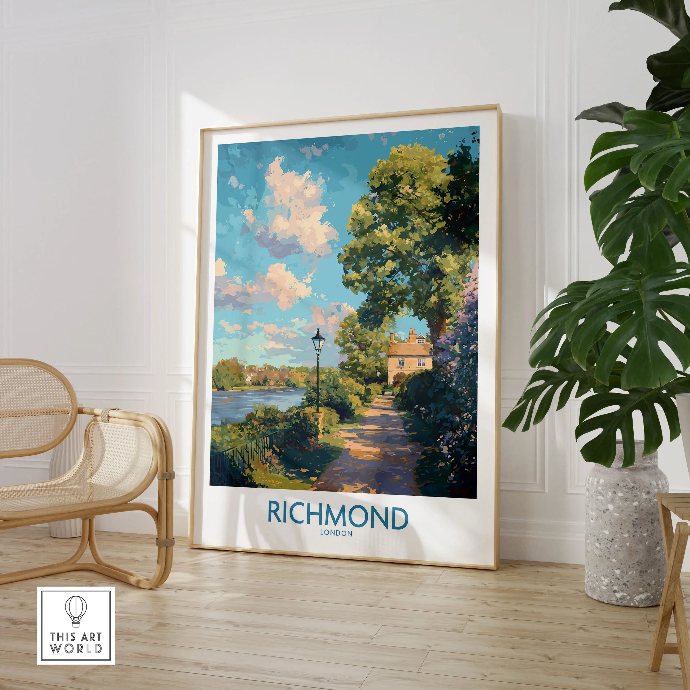 Richmond London travel print in wooden frame, room decor with chair and potted plant.