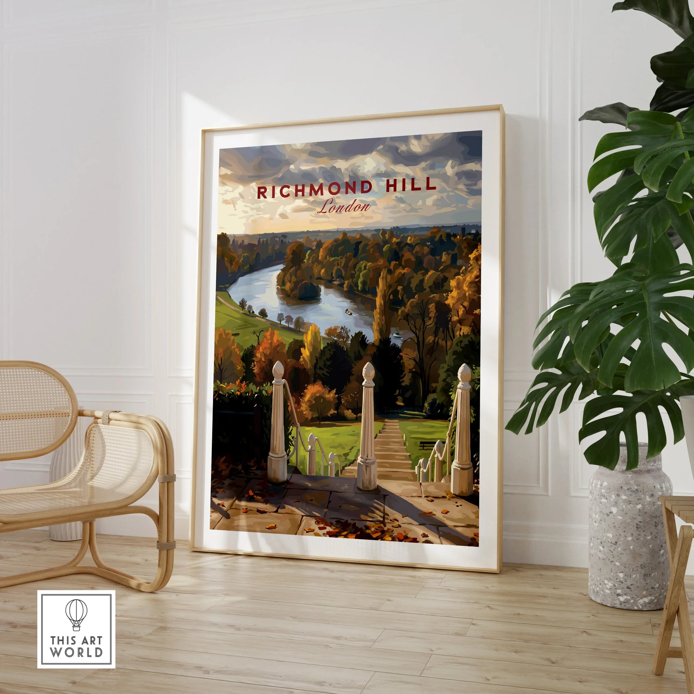Richmond Hill London travel poster framed, displayed in modern room with chair and plant