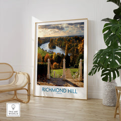 Richmond Hill London travel art print in stylish home decor setting with chair and plant