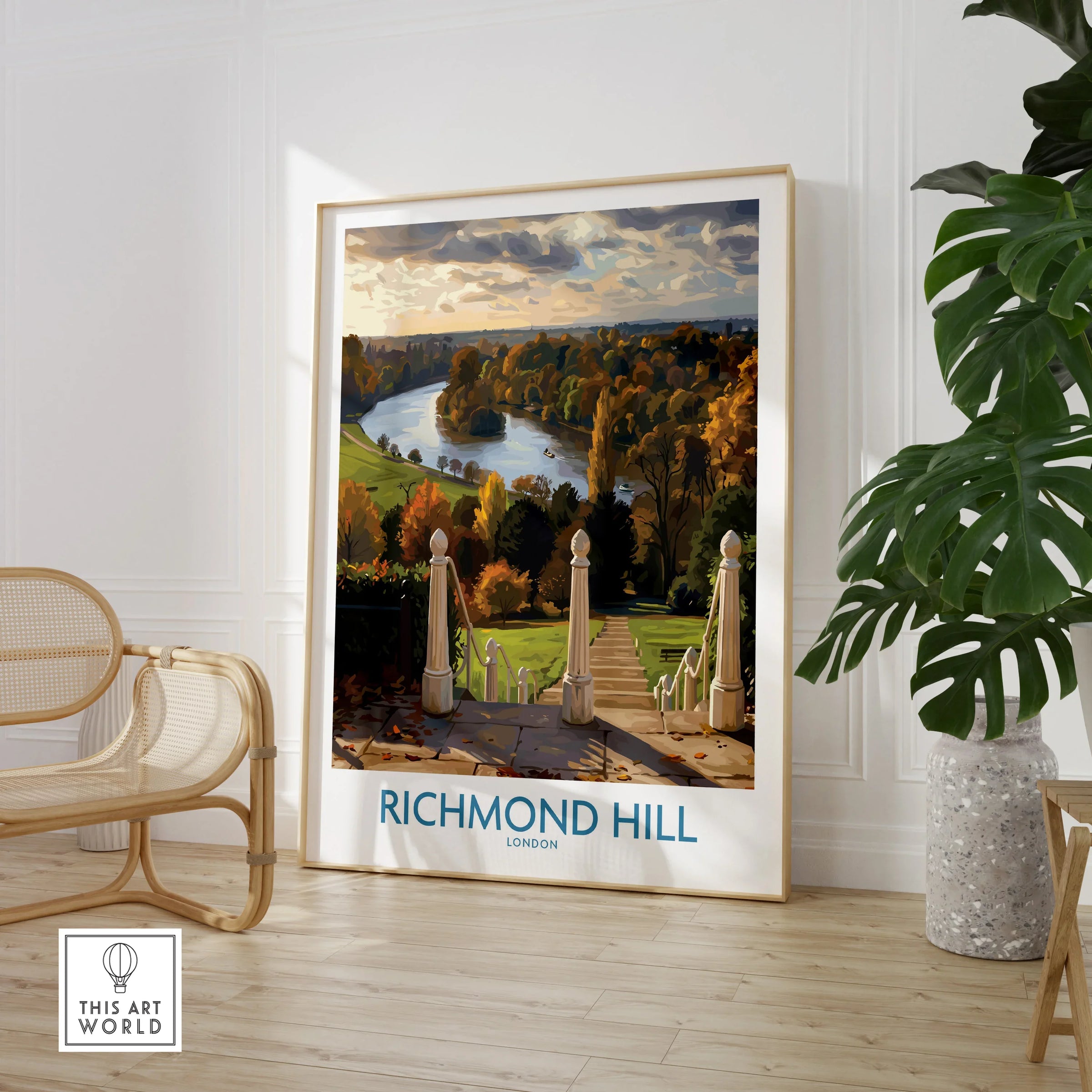 Richmond Hill London travel art print in stylish home decor setting with chair and plant