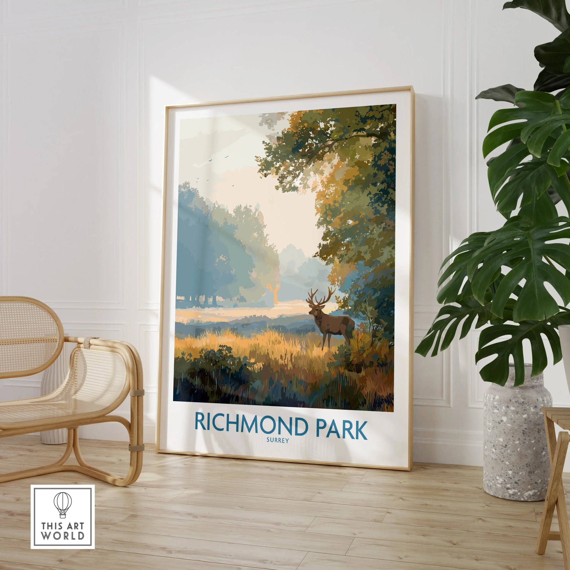 Richmond Park travel poster framed print in modern room with chair and potted plant