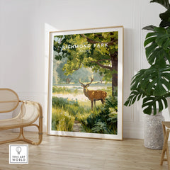 Richmond Park wall art print with deer, displayed in modern room with chair and plant