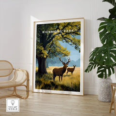 Richmond Park art print with deer in nature, displayed in modern room with plant and chair