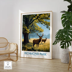 Framed Richmond Park travel poster with deer, styled in modern home decor with plant and chair
