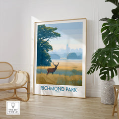 Richmond Park art print with deer in modern room, rattan chair, and green plant