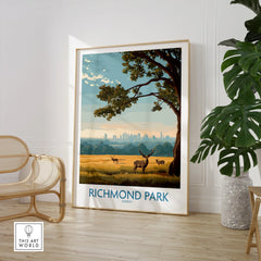 Richmond Park travel poster print in modern room with chair and potted plant