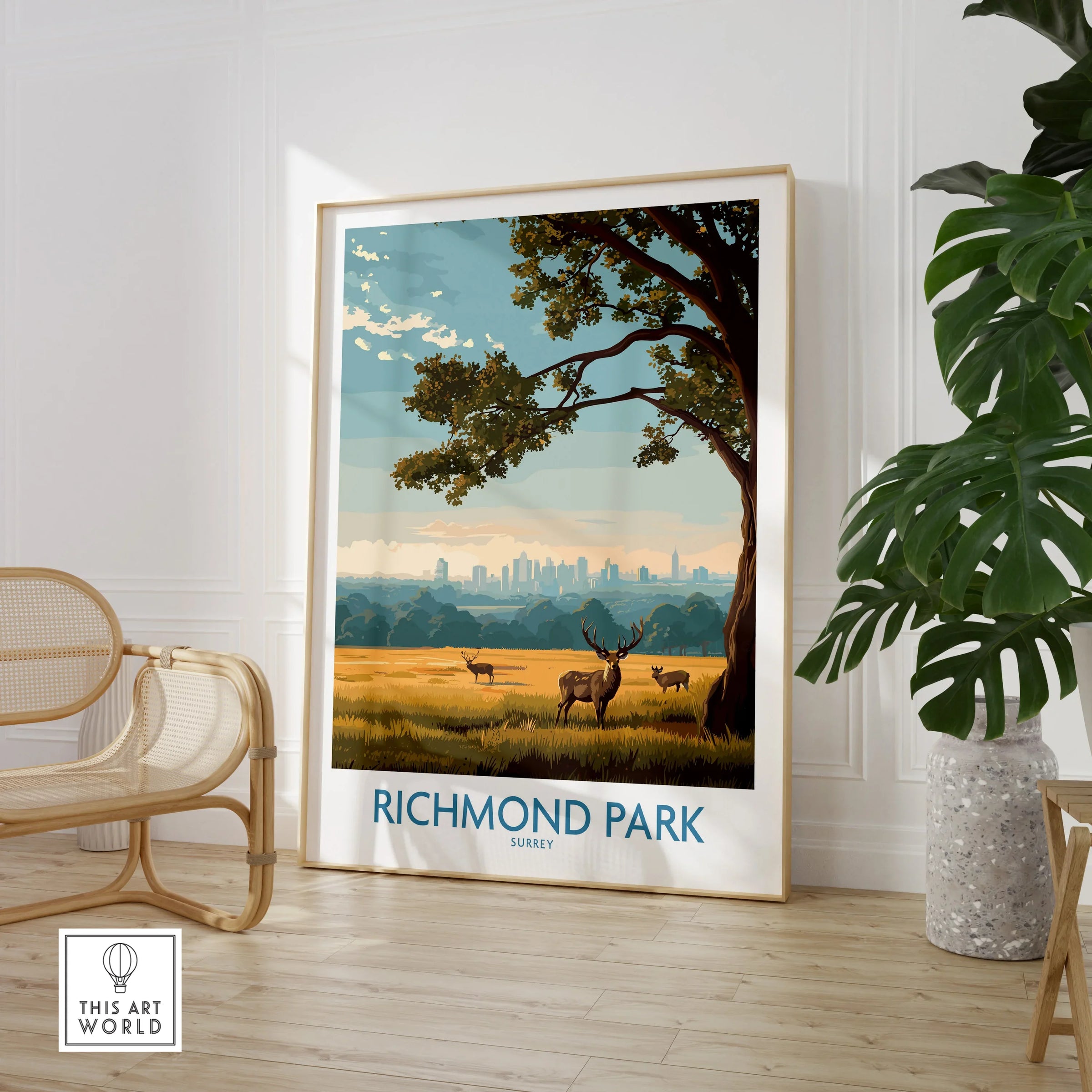 Richmond Park travel poster print in modern room with chair and potted plant