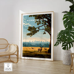 Framed Richmond Park travel poster with deer and skyline, displayed in modern living room decor