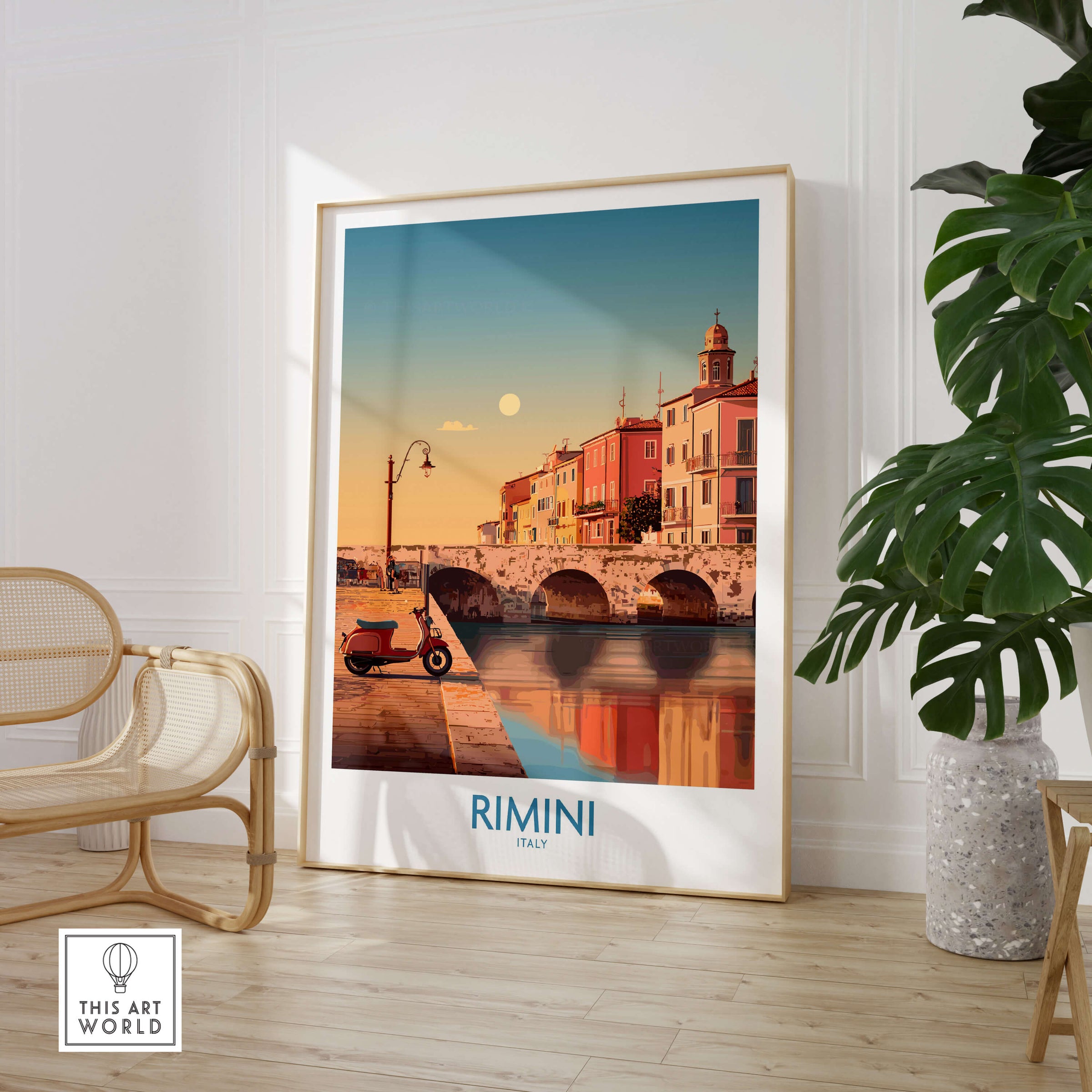 Rimini Italy Poster | Vintage Vespa & Historic Bridge Canvas Print adorning a wall in a stylish interior setting.