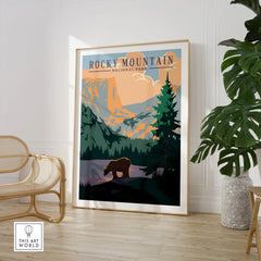 Rocky Mountain National Park framed print with bear and mountains, styled in modern room décor.