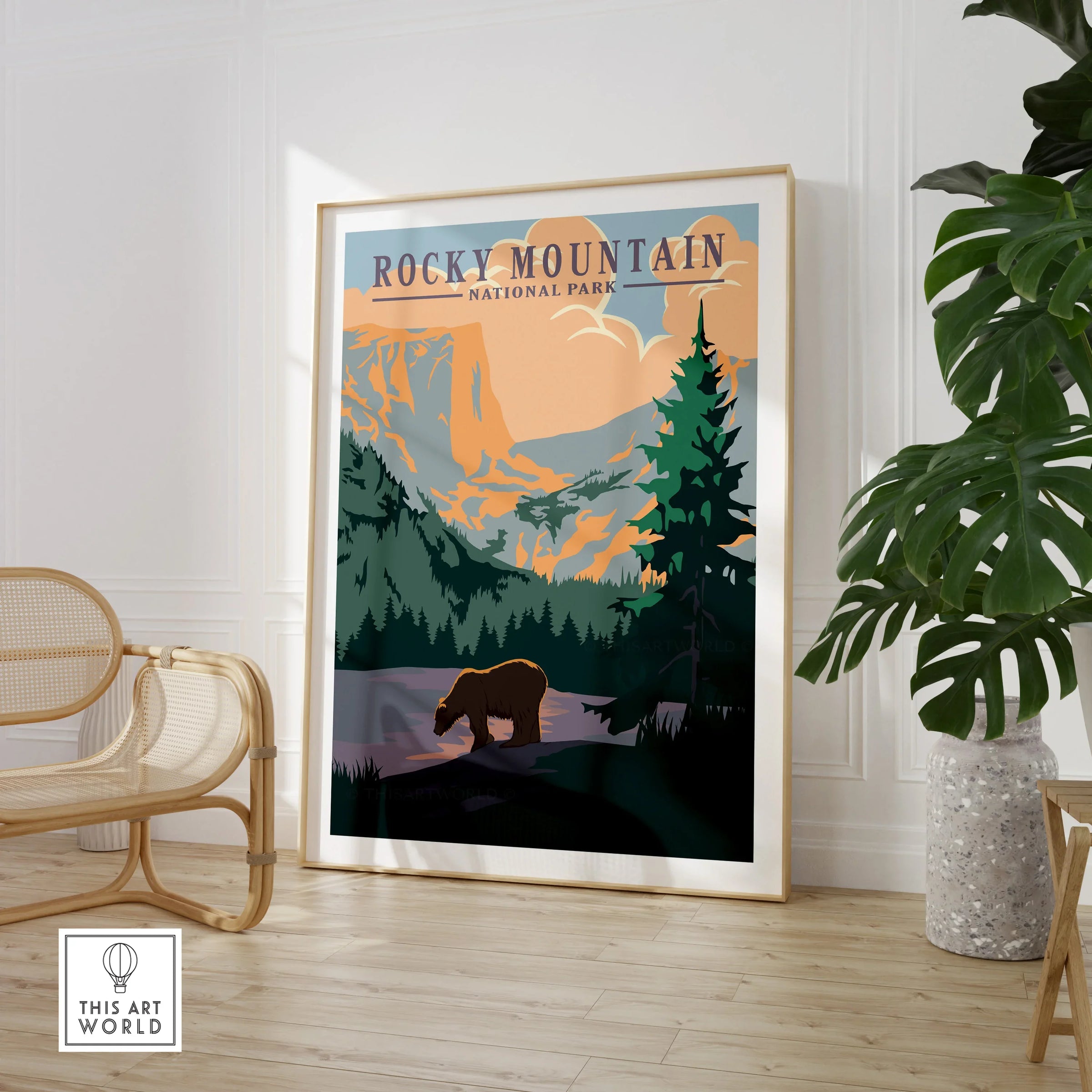 Rocky Mountain National Park framed print with bear and mountains, styled in modern room décor.