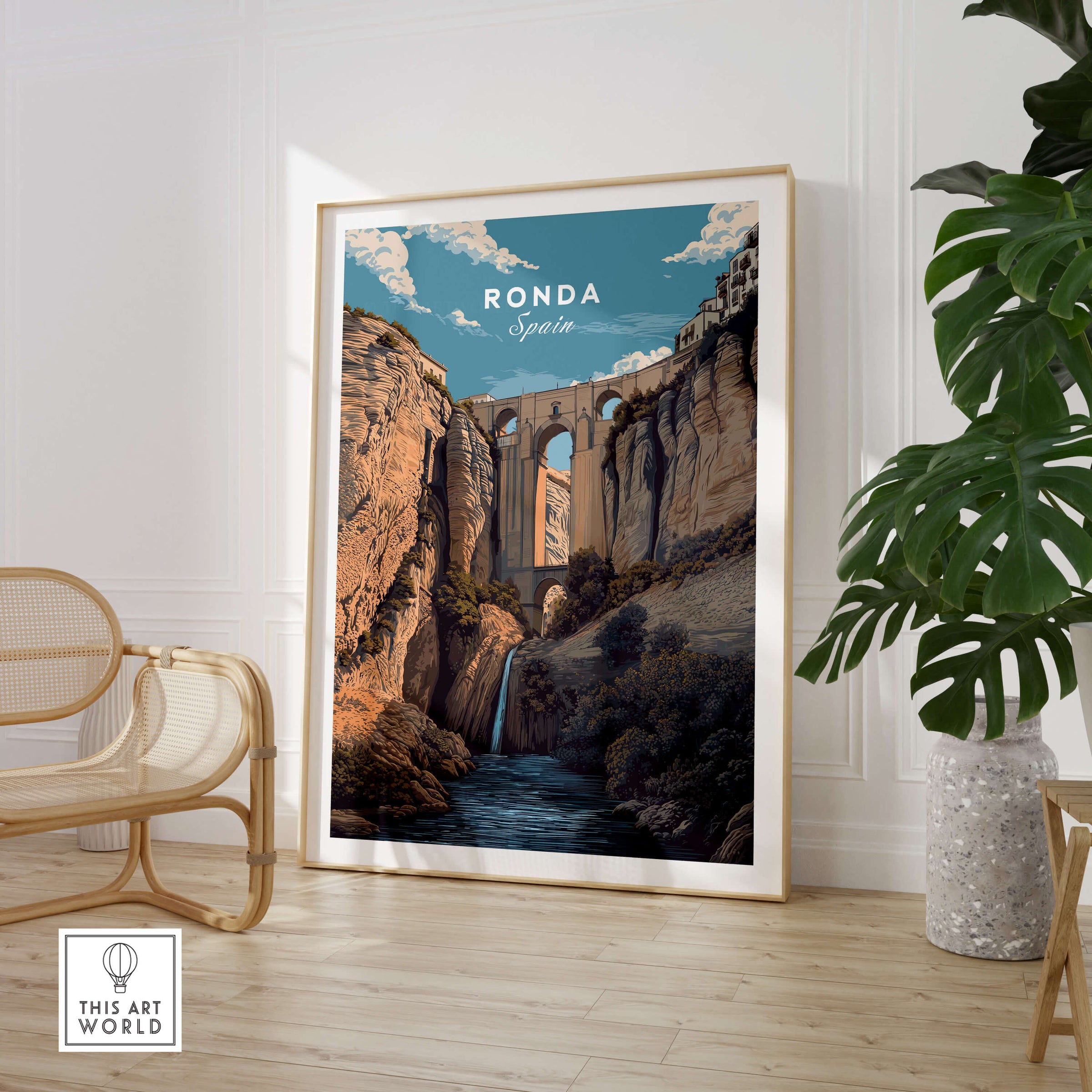 Ronda Spain Wall Art Print | Puente Nuevo Gorge Waterfall Travel Poster displayed in a stylish indoor setting.