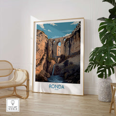 Ronda Spain Poster | Dramatic Andalusian Mountain Bridge Canvas Print displayed in a stylish interior setting.