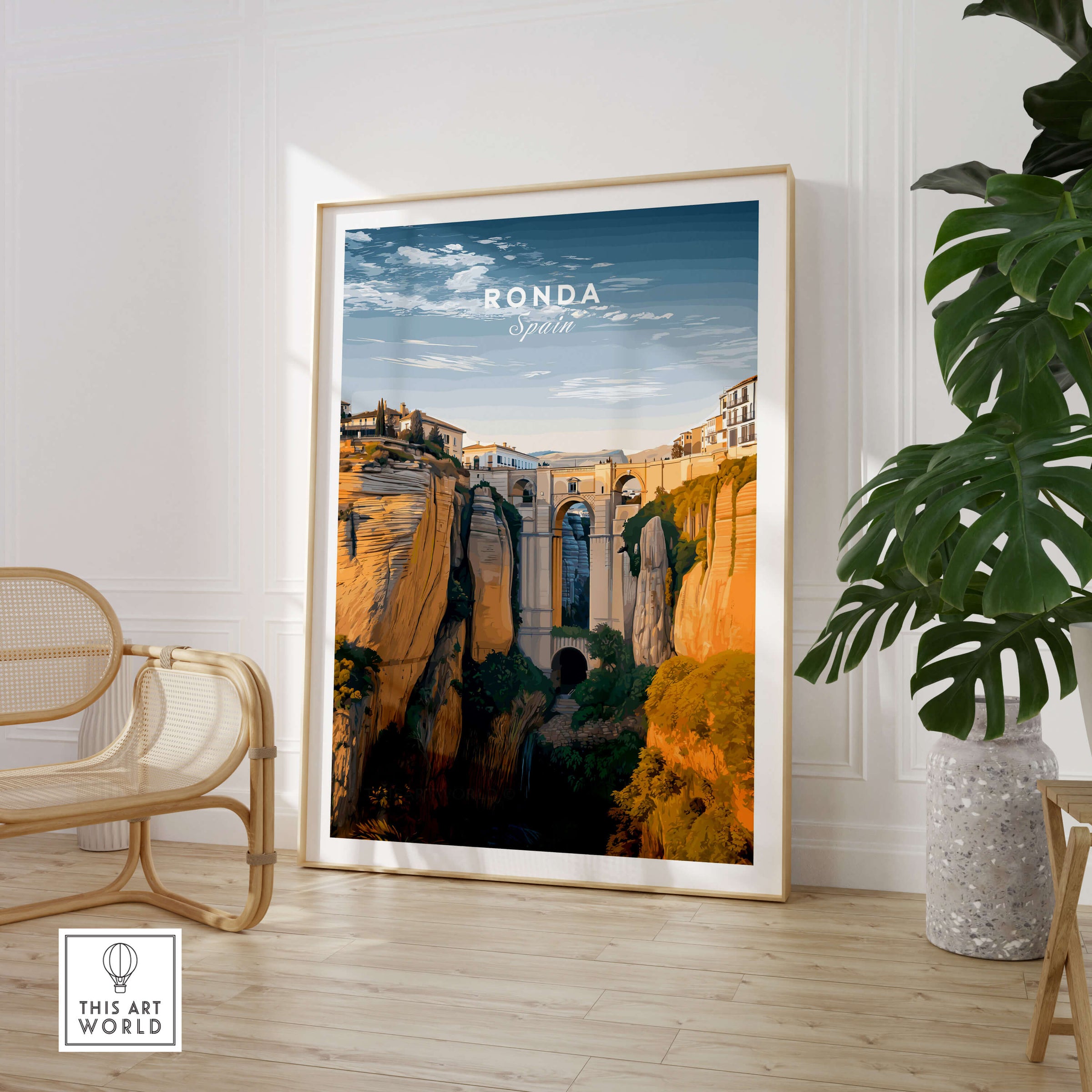 Ronda Spain Wall Art Print | Historic White Village Cliffside Travel Poster displayed in a modern living room.