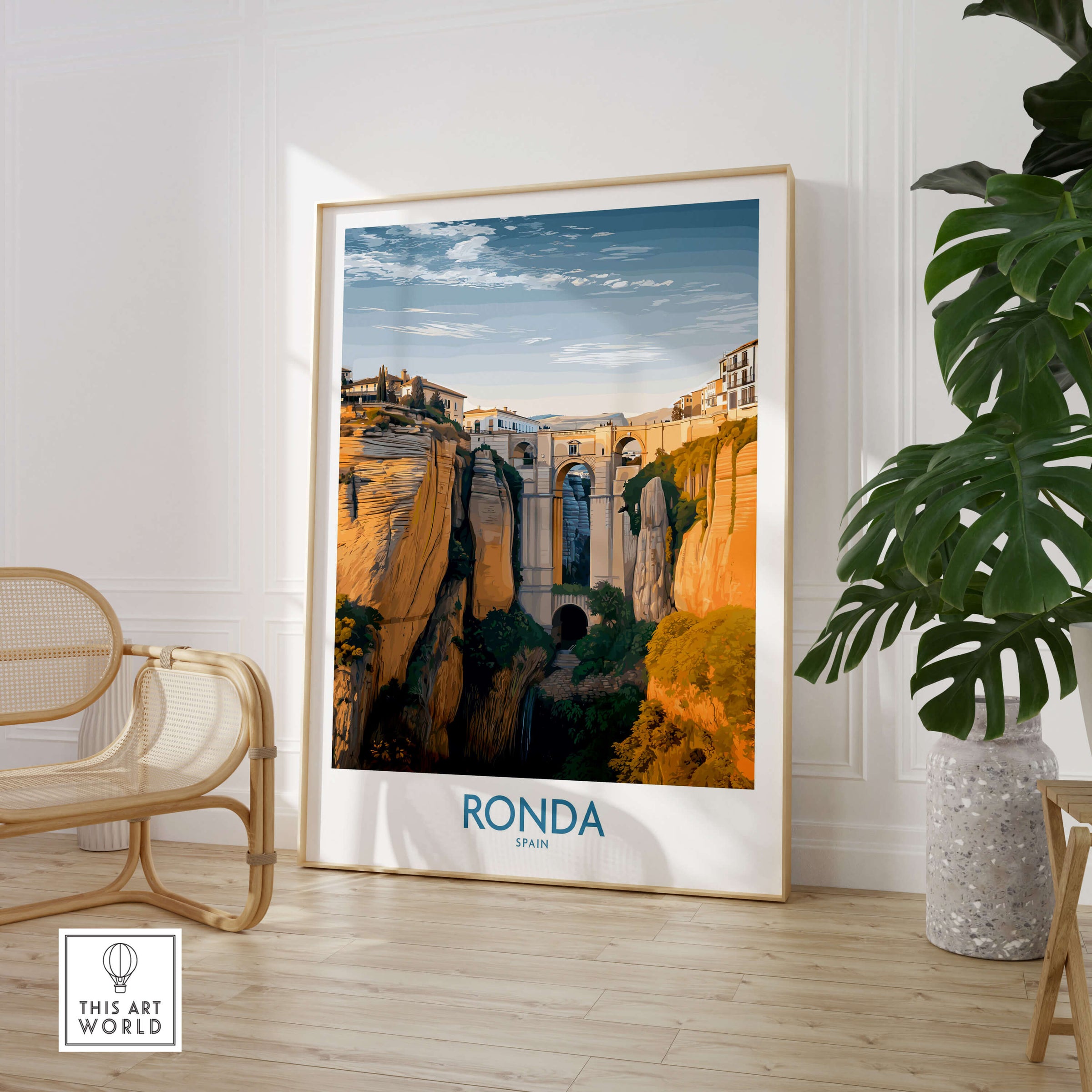 Ronda Spain Poster | Iconic Stone Bridge & Valley View Canvas Print displayed in a stylish interior with plants.