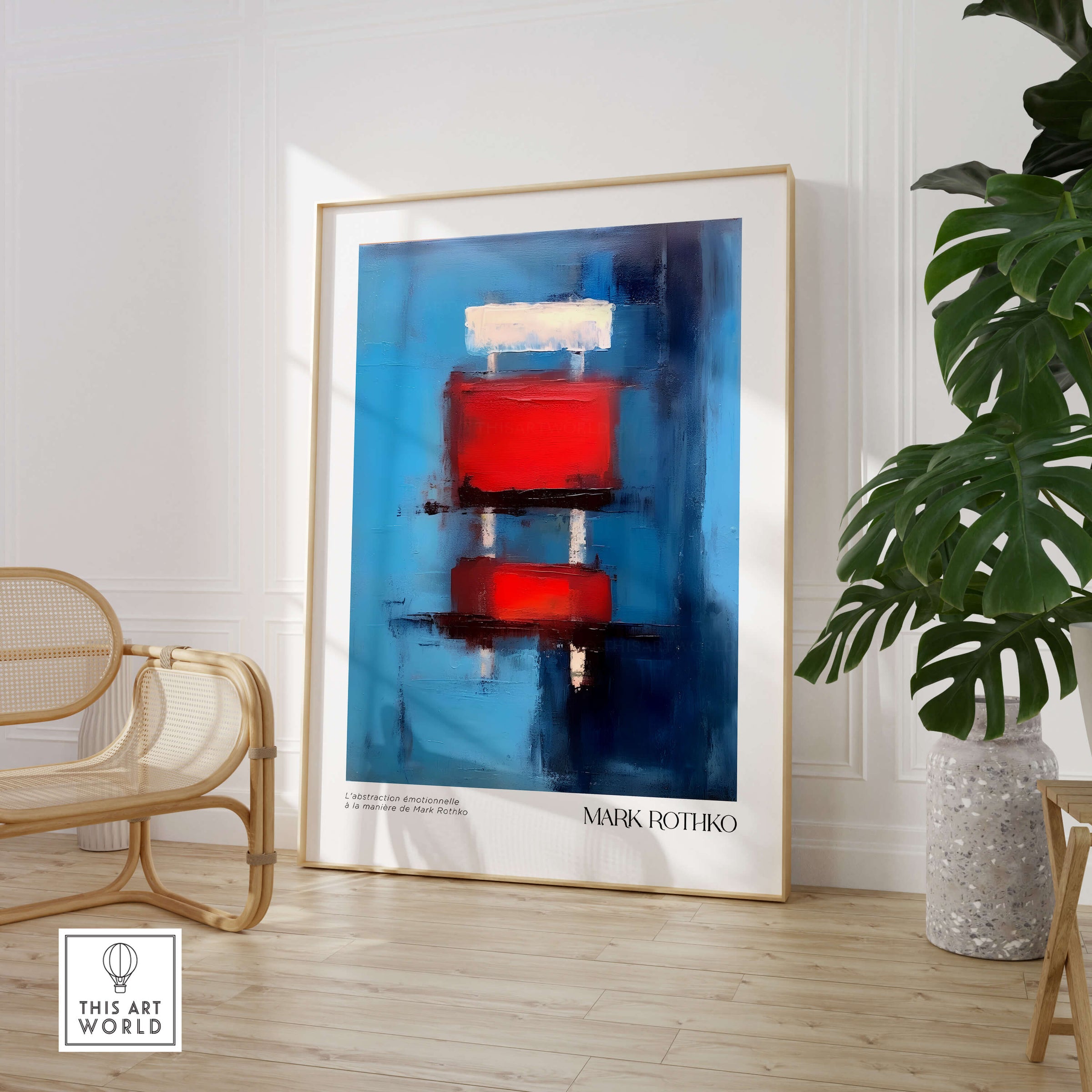 Rothko Inspired Abstract Red Blocks Art Print | Blue Background Wall Decor in modern interior setting