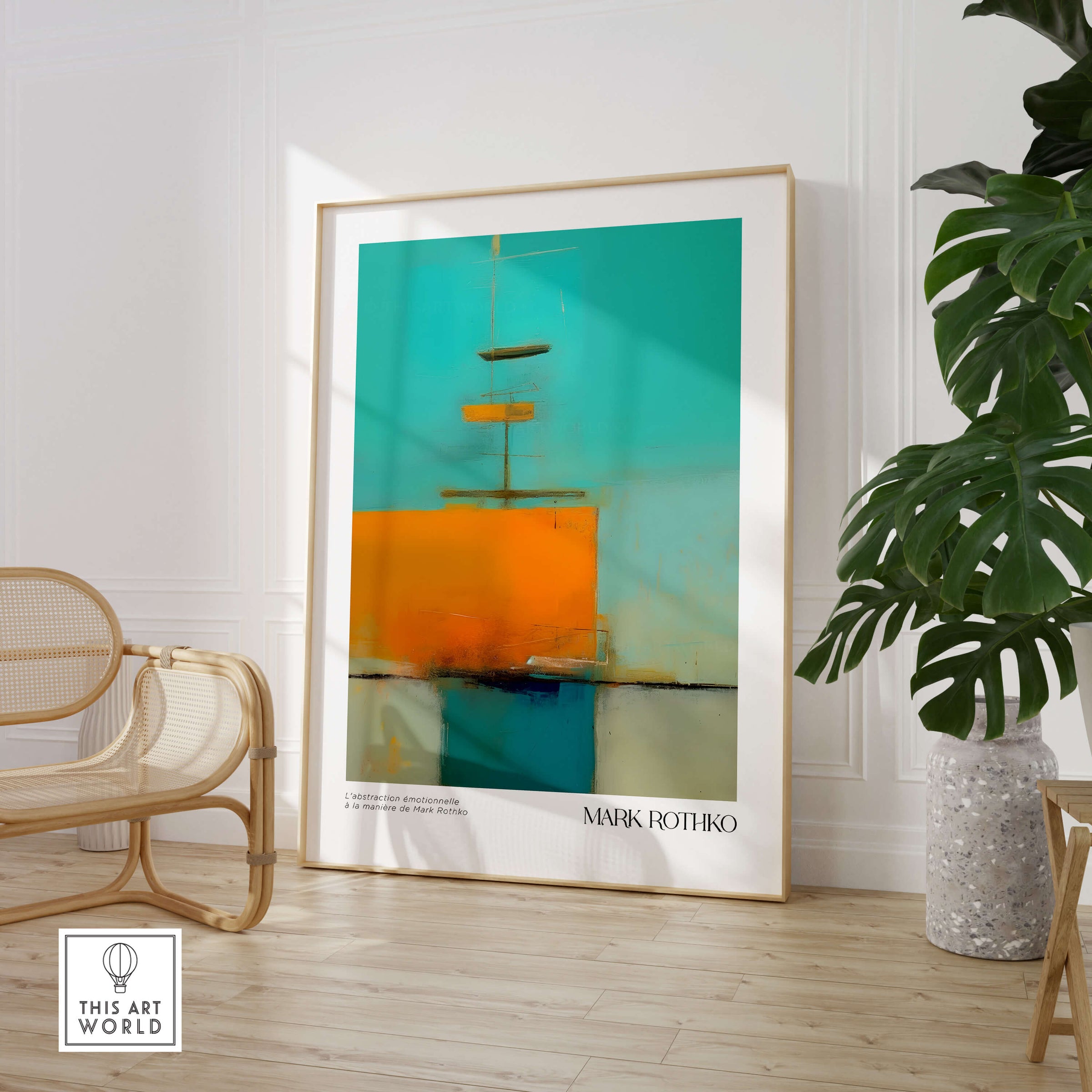 Rothko Inspired Abstract Turquoise Orange Art Print | Minimalist Wall Decor displayed in a modern interior.
