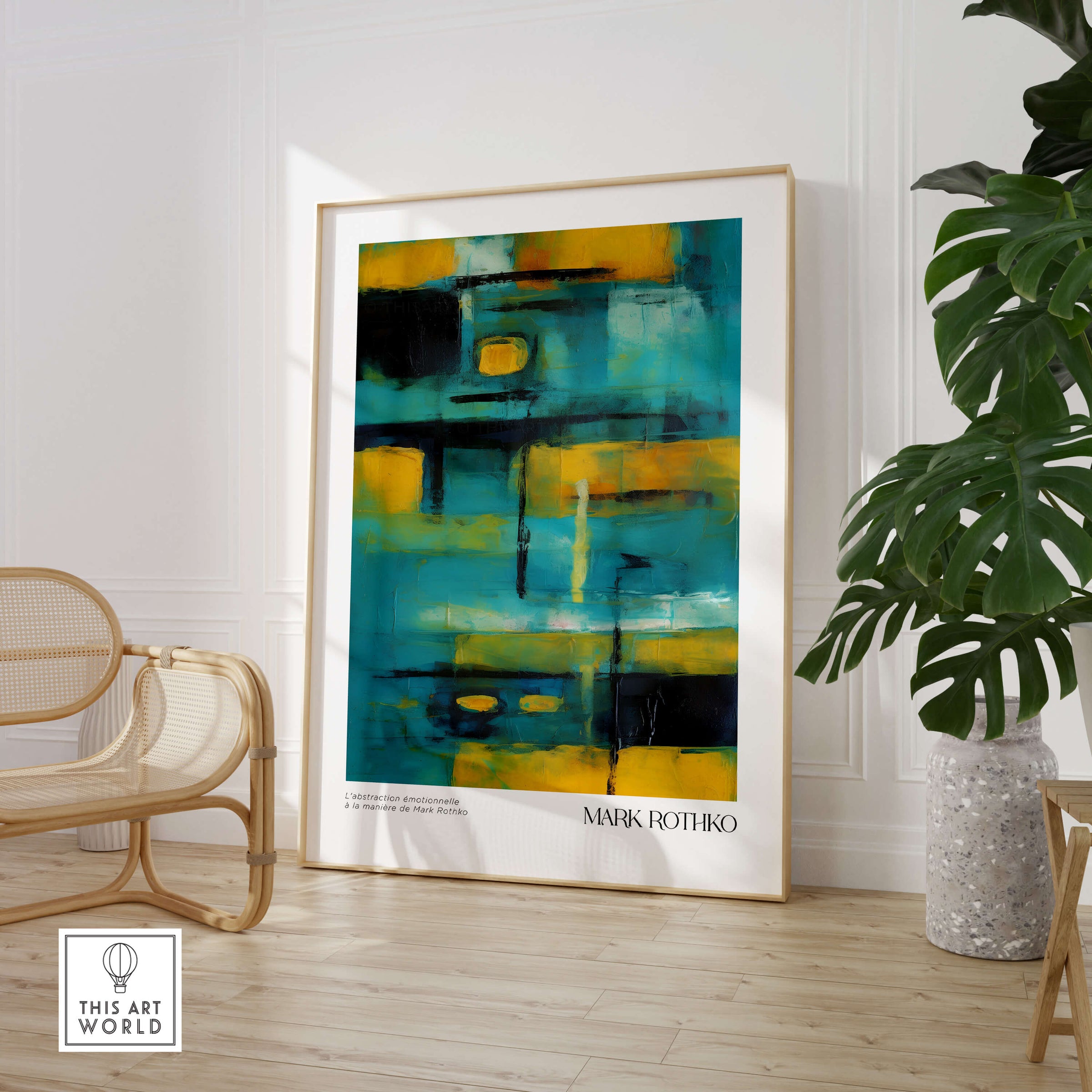 Rothko Inspired Abstract Yellow and Teal Art Print | Modern Poster displayed in a stylish interior setting.